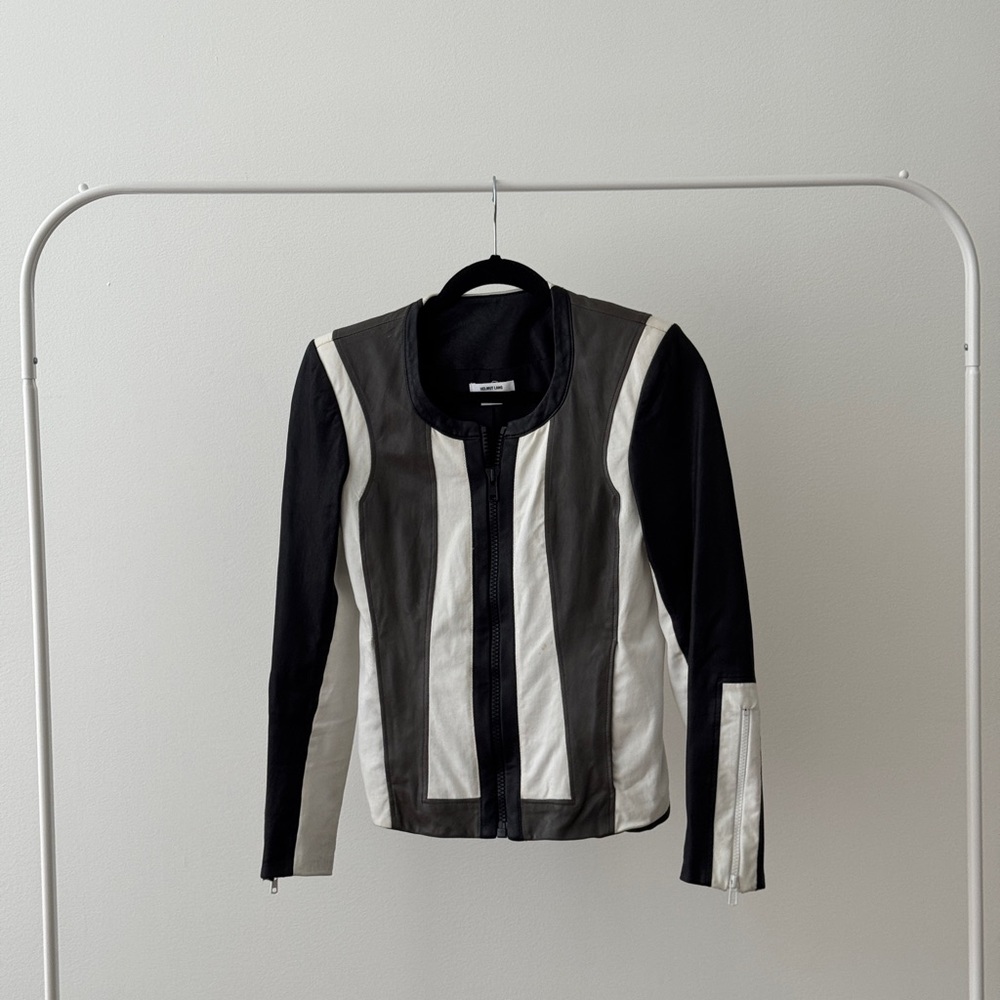 Helmut Lang Black, Army Green, and White Striped Leather Jacket